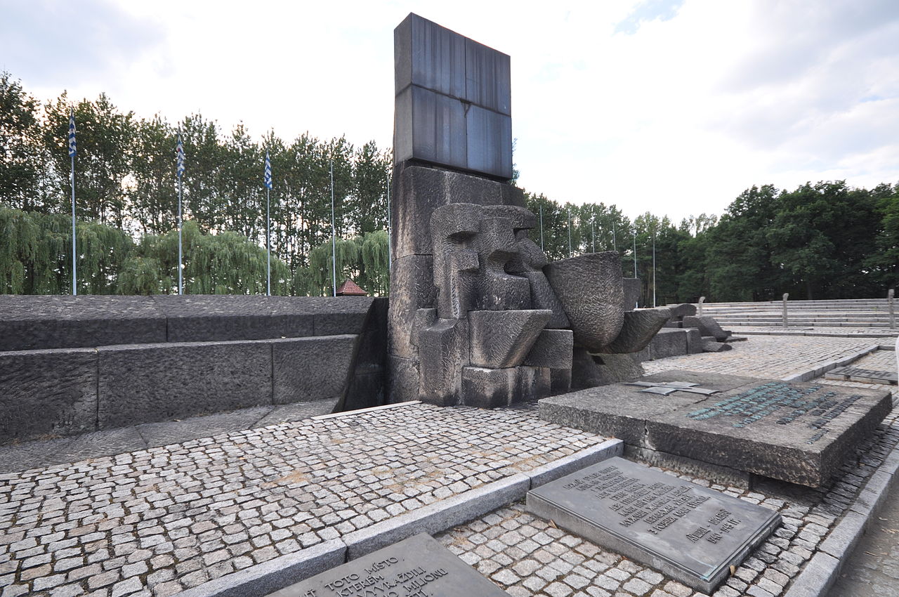The International Monument to the Victims of Fascism in Birkenau as it appeared in 2012. The original plaques were replaced in 1990.