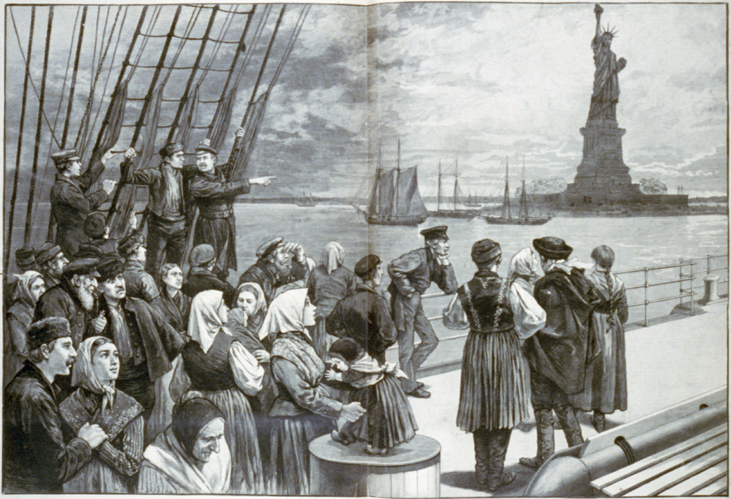 A sketch of European immigrants as they pass the Statue of Liberty.