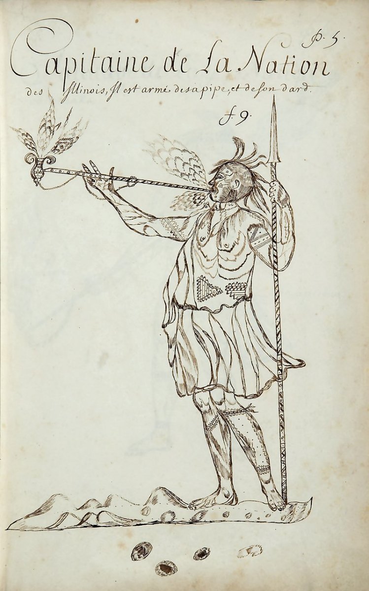 An Illinois Akima (Chief) smoking a Calumet Pipe.