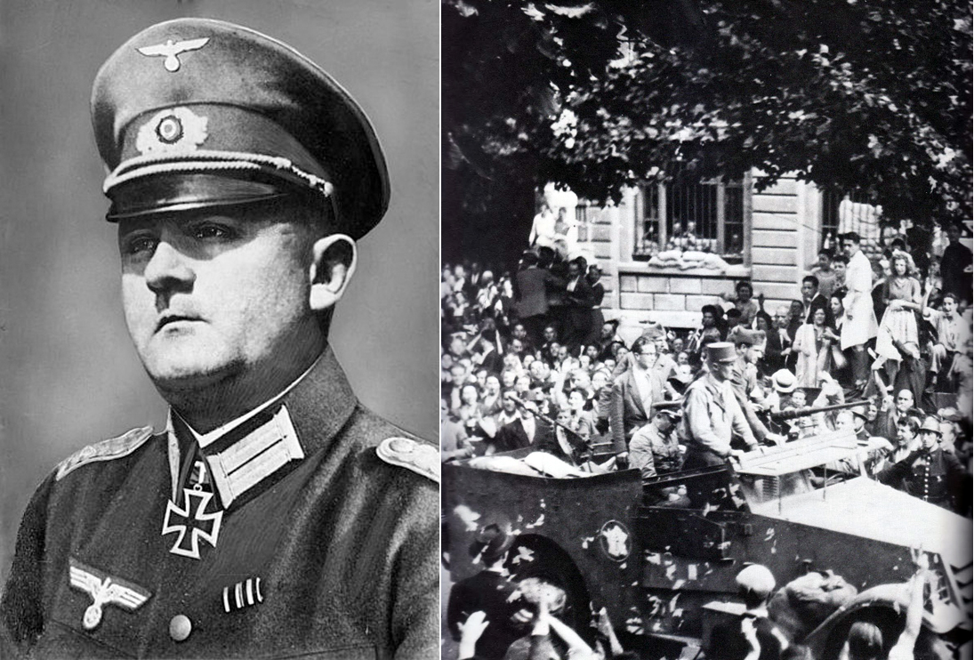 On the left, General Dietrich von Choltitz, German military governor of Paris, in a May 1940 photo. On the right, General Philippe Leclerc, 2nd Armored Division (standing, center), transferring Choltitz (seated) to the Gare Montparnasse, where Choltitz signed the surrender of German forces in Paris.