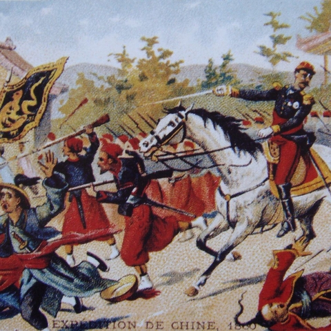 French soldiers overrun Chinese troops during the 1860 campaign in the Second Opium War.