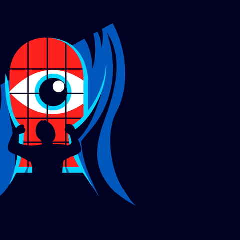Artist representation of data security and privacy. Large eye peeks through an open window.