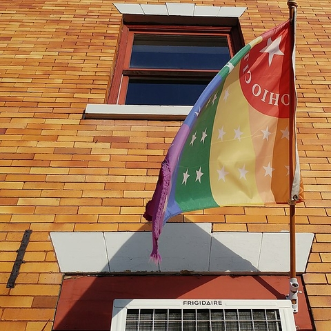 A rainbow version of the Ohio City neighborhood flag.